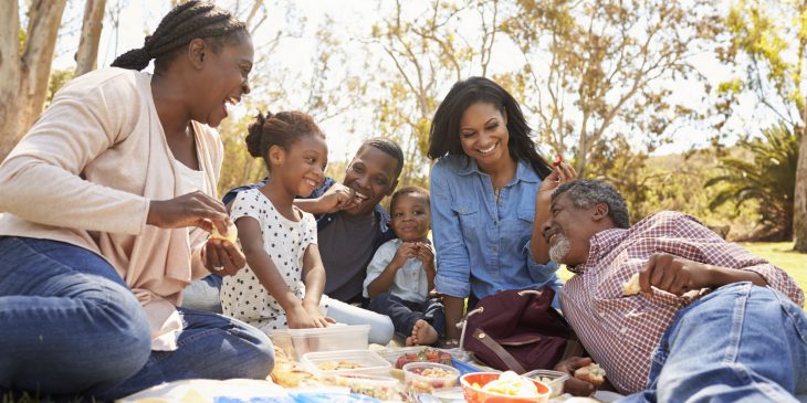 Multi Generation Family Enjoying Picnic In Park Together