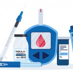 Diabetes flat vector infographic elements set in cartoon style. Diabetes equipment icon collection. Insuline pump, glucometer, syringe, pen, lancet, test strips. Concept of healthcare and prevention