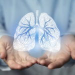 Pulmonologist doctor, lungs specialist. Aesthetic handdrawn highlighted illustration of human lings. Neutral grey background, studio photo and collage.