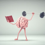 Human brain lifting weight and reading a book. Private lessons and knowledge concept .